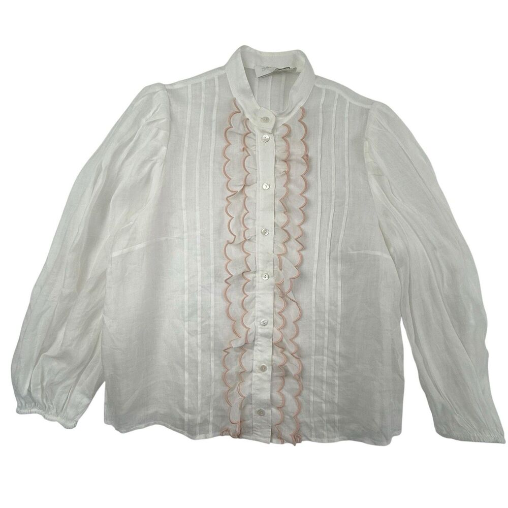 Zimmermann Jude Scalloped Frill Button Front Shirt Women 4 White Ramie Blouse